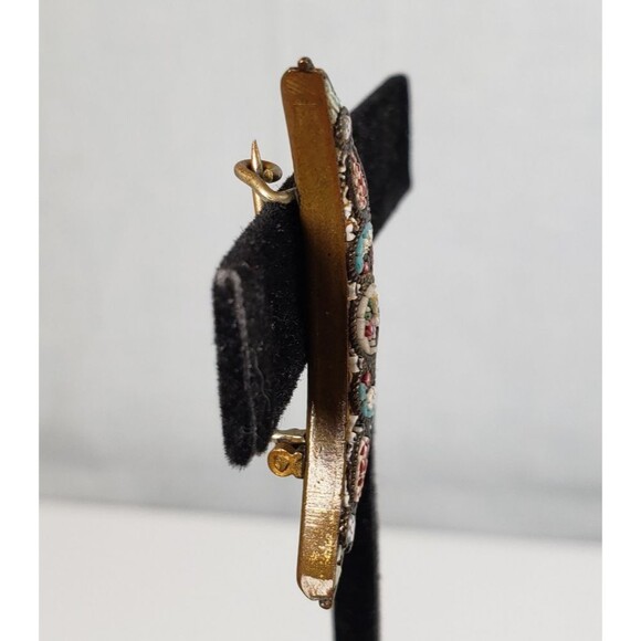 Antique Victorian Italy Micro Mosaic Cresent Moon Brass Frame Brooch Marked FAP - Picture 6 of 13